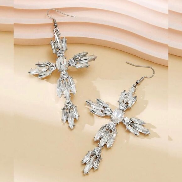 Vintage Art Deco Style Vamp Royal Tudor Rhinestone Cross Drop Statement - Picture 4 of 6